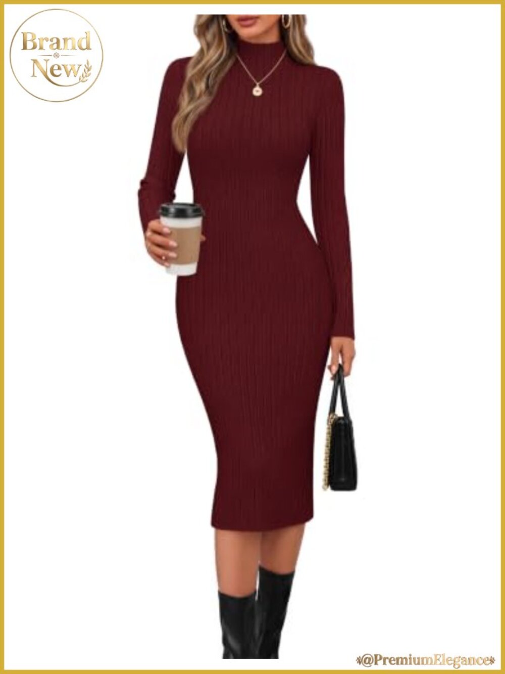 Ribbed Knit Bodycon Midi Sweater Dress Long Sleeve Ruffle Trim